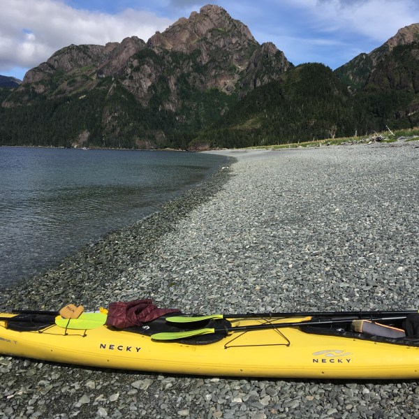 A Kayak Rental beached on Fox island Spit, Resurrection Bay, Seward, AK