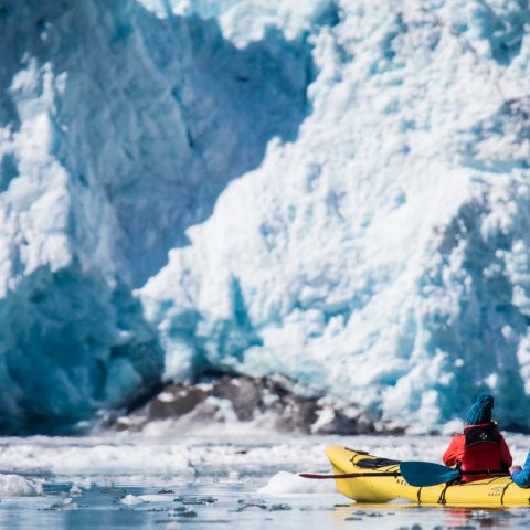 Kayaking in front of Aialik Glacier, Kenai Fjords National Park