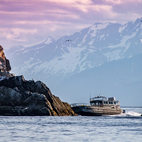 The Michael A Water Taxi cutting through Chicken Pass to Aialik Bay in Kenai Fjords National Park, Seward, AK