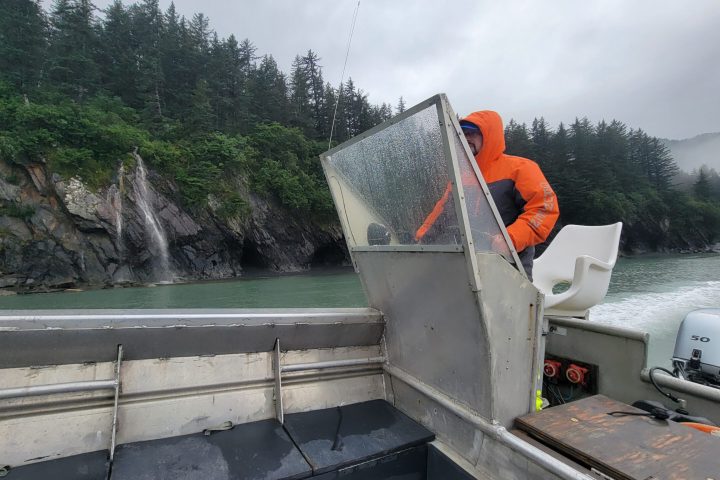 a construction vehicle next to a lake