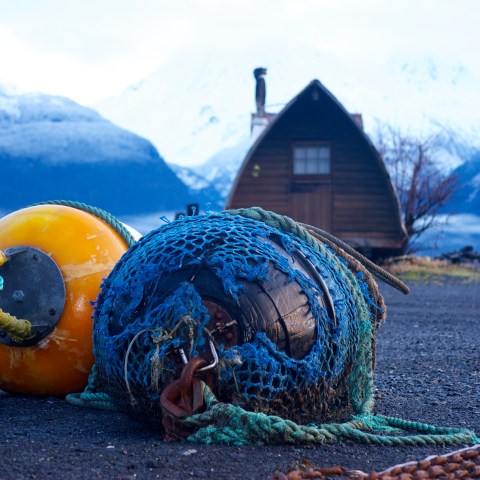 Buoys in front of the Seaside Cabin at Miller's Landing in Seward, Alaska