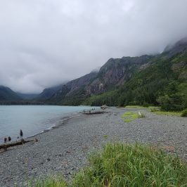 a group of people standing next to a body of water