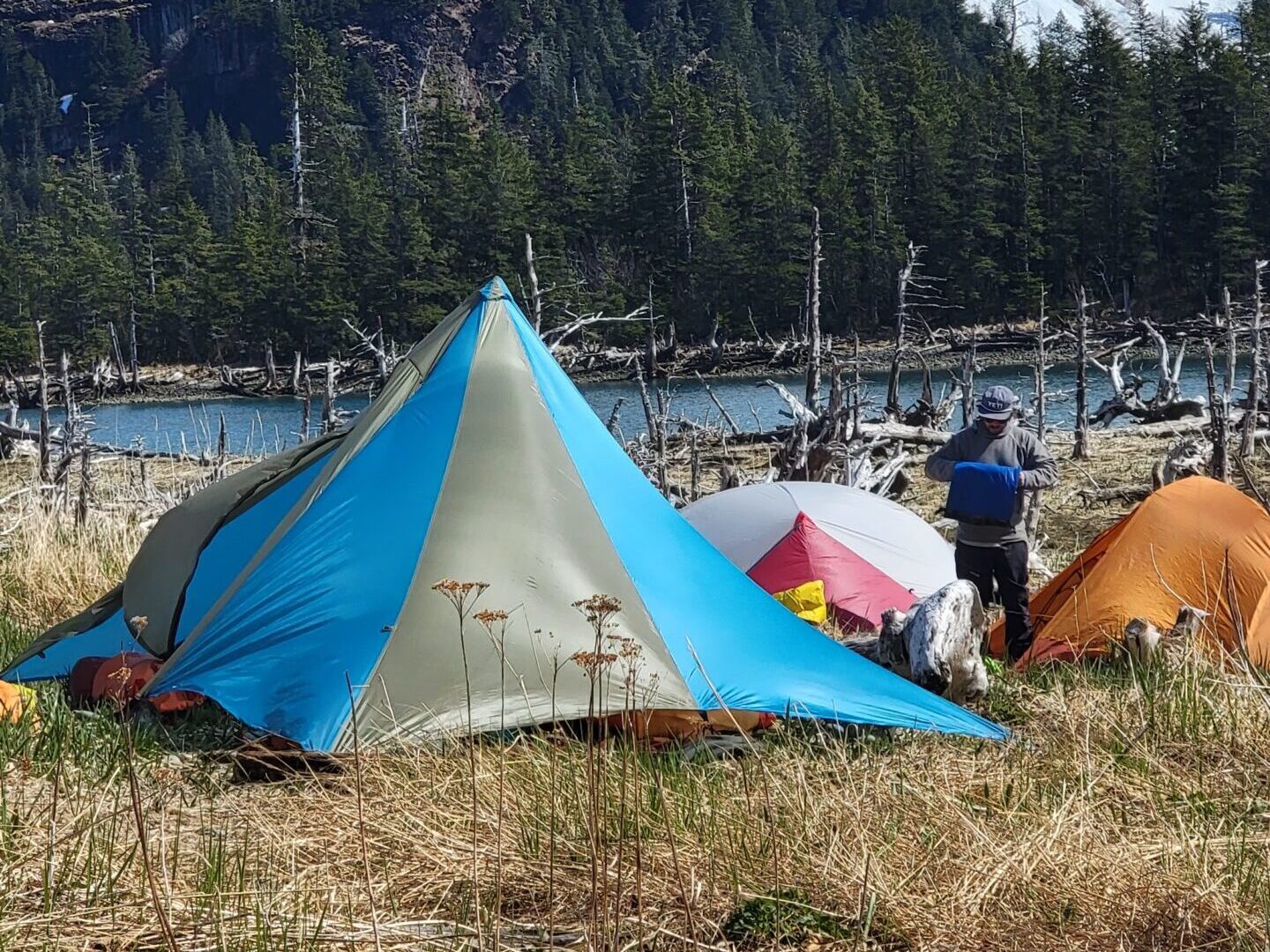 a group of people sitting in a tent