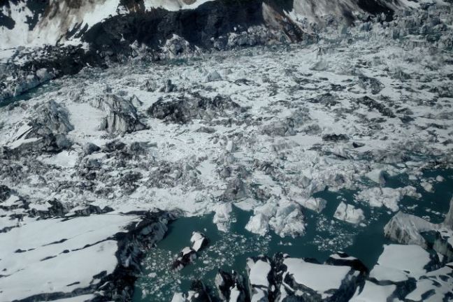 aerial view of a glacier from a helicopter