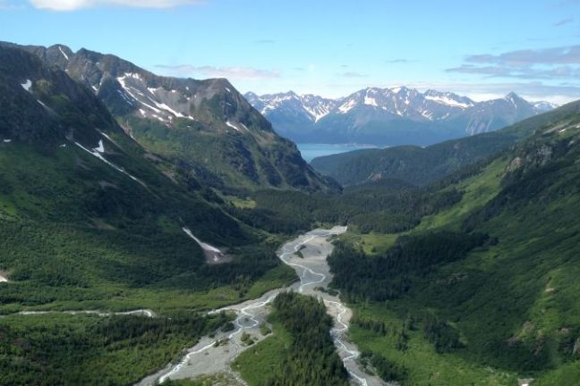 aerial view from a helicopter tour of kenai national park in seward, alaska