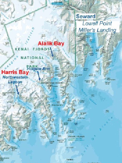 Seward, Aialik & Harris Bay map