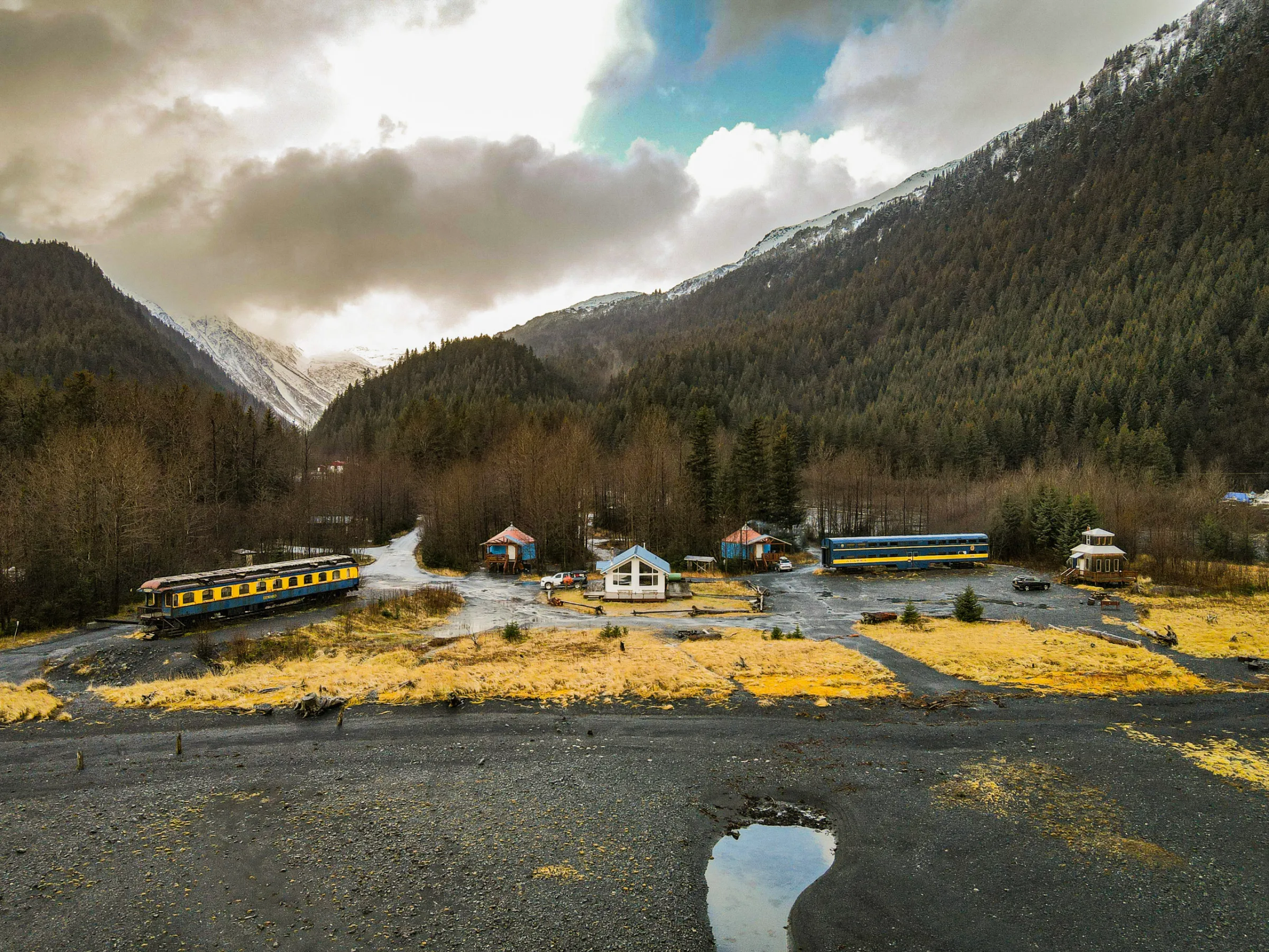 Aerial of North Annex near the train cars, Seward, AK