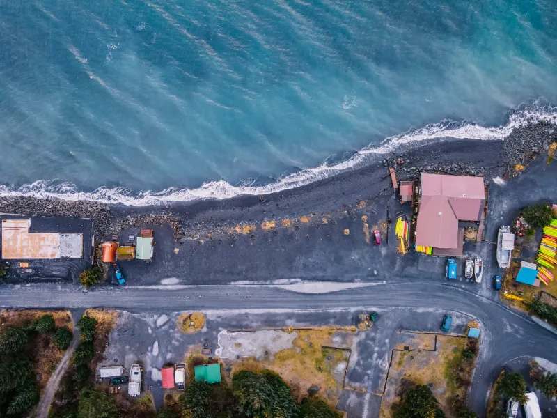 Aerial of Miller's Landing Main Office + Beachfront RV sites, Seward, AKSeaside Beach Seward Alaska Kayaking Fishing Lodging Camping Guided Trips