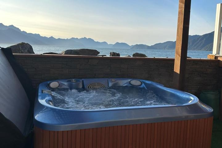 a view of the Resurrection Bay from the Hot tub of Oceanfront Inn managed by Millers Landing in Lowell Point, Seward Alaska