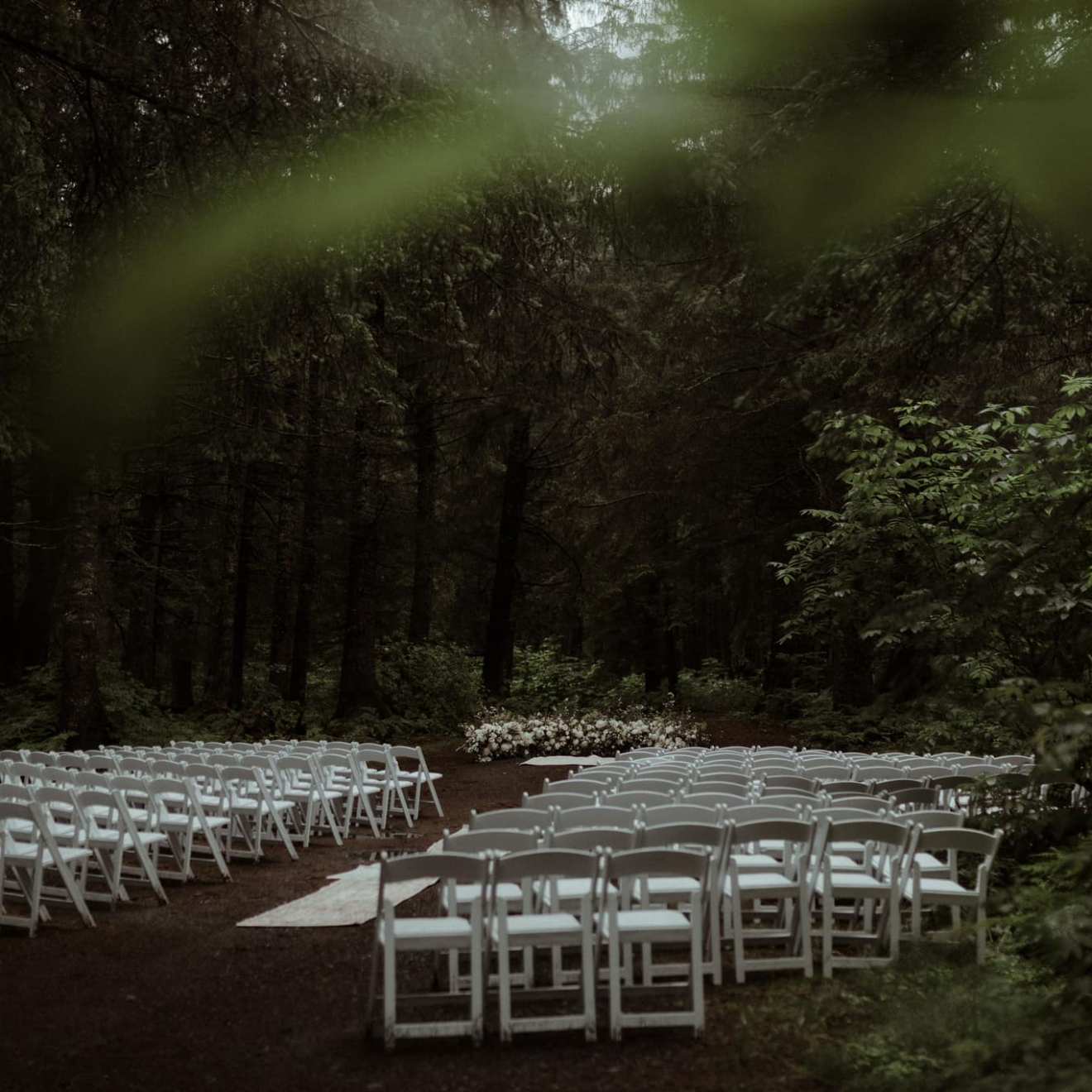 Outdoor wedding setup with white chairs in a forest setting.