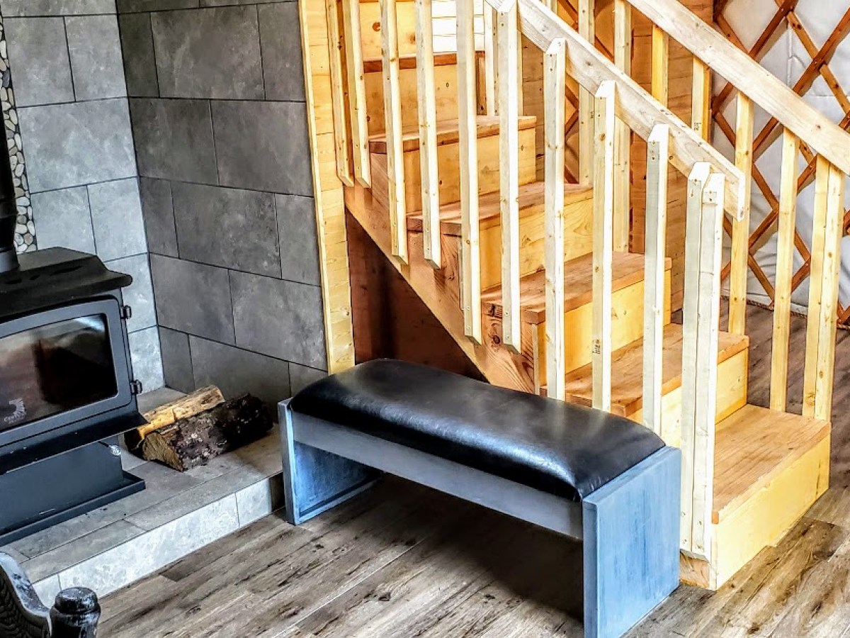 a chair sitting in front of a building