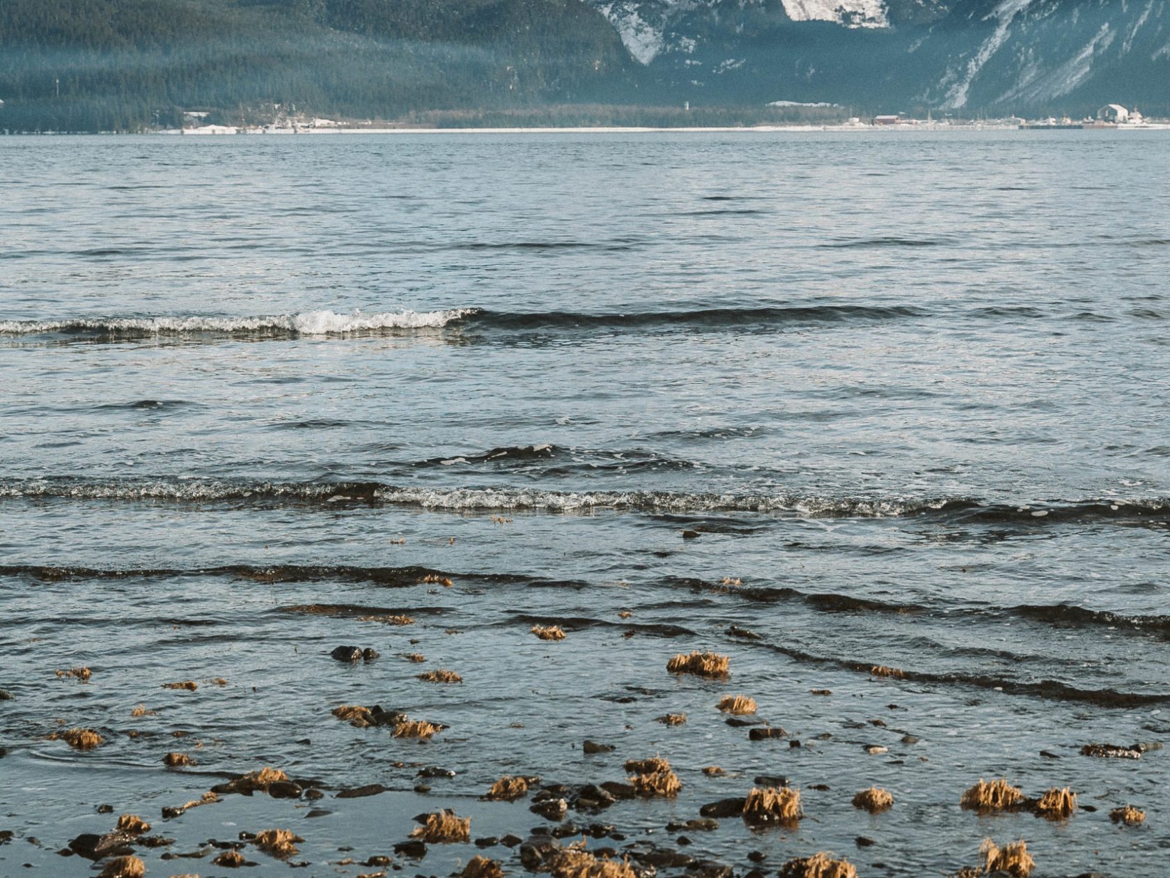 a body of water with a mountain in the background
