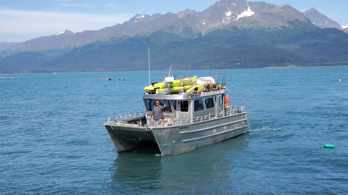 a small boat in a body of water with a mountain in the background