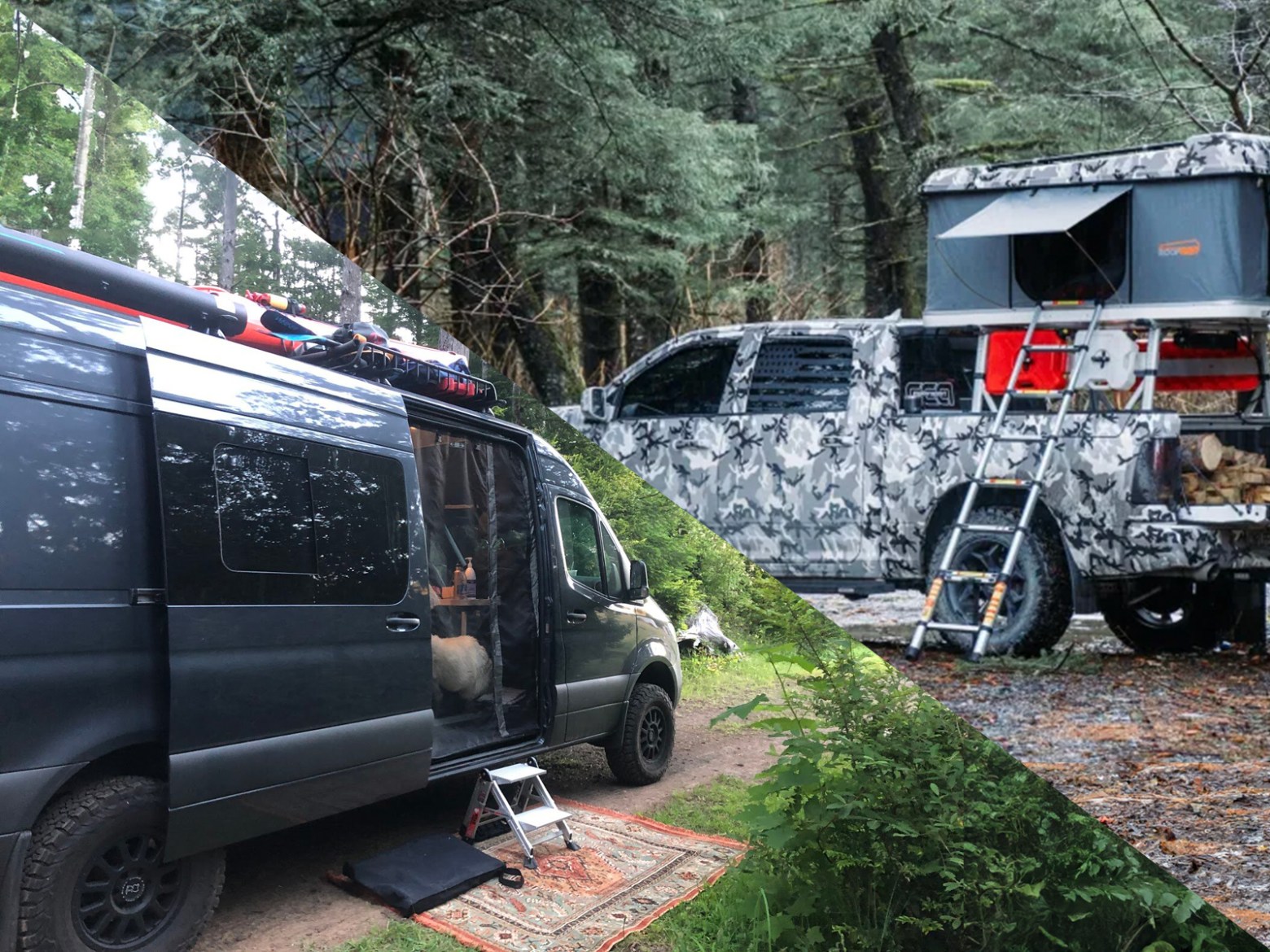 A truck Camper and a Sprinter Van parked on a campsite at Millers Landing