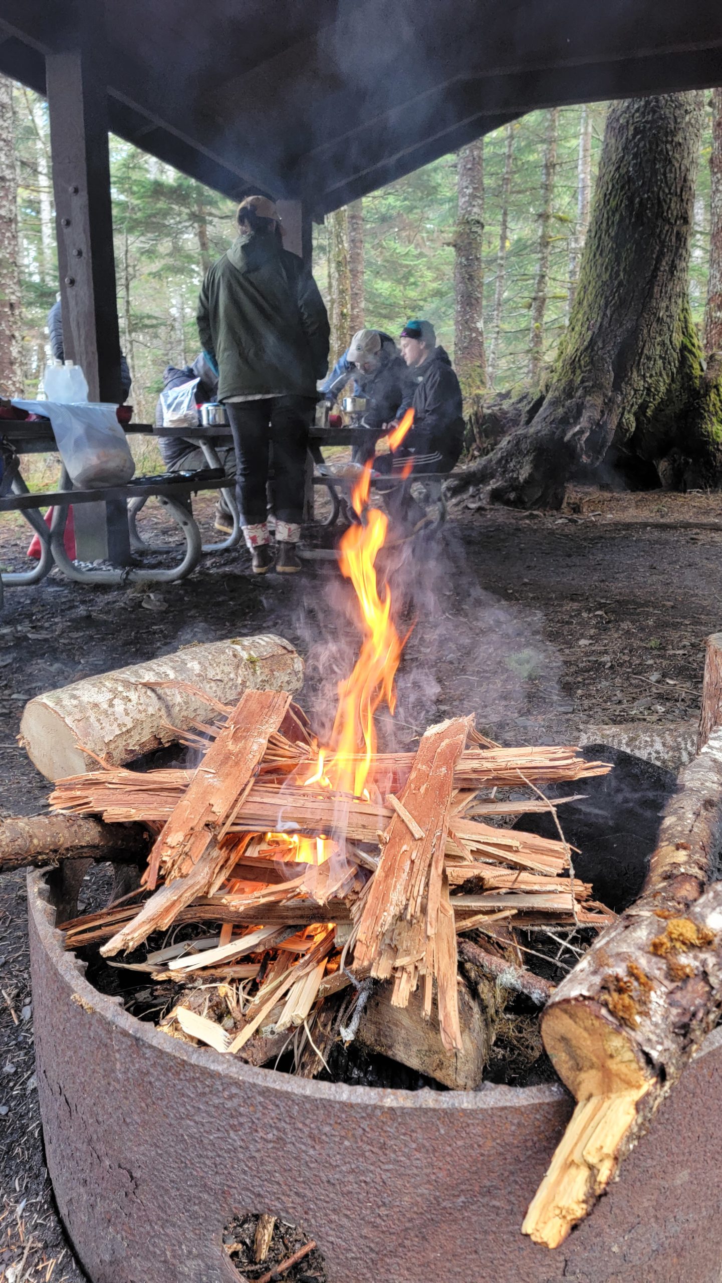 a campfire in a picnic area
