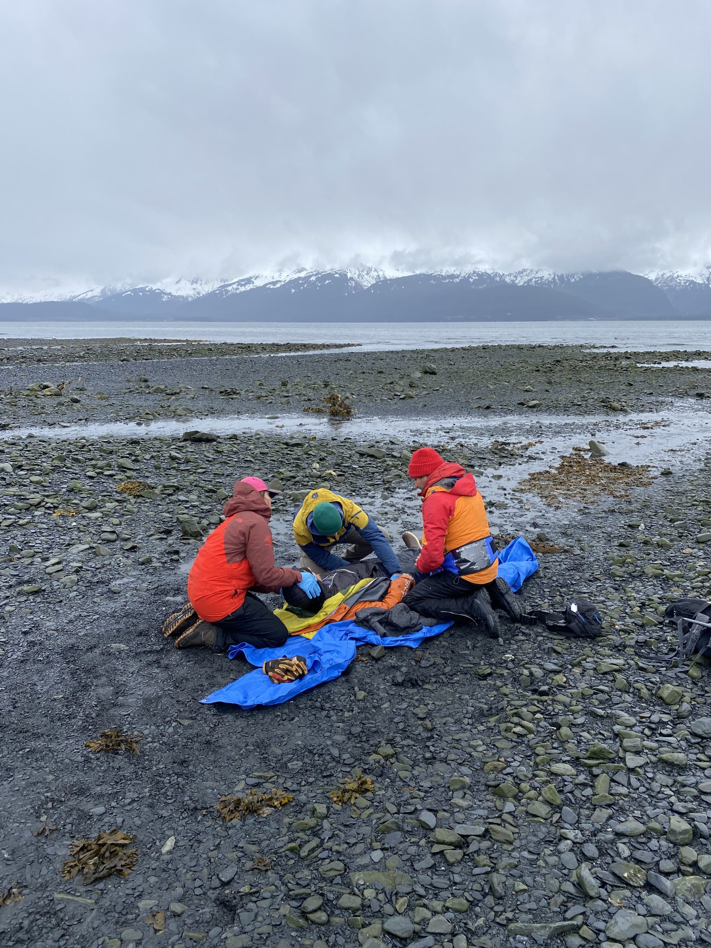 Three people kneeling on a rocky beach with snowy mountains in the background, tending to a person on a tarp.