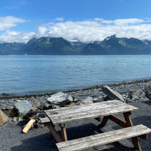 Seaside Beach Seward Alaska Kayaking Fishing Lodging Camping Guided Trips wooden bench sitting next to a body of water