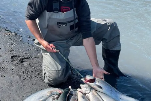 a man holding the fish caught after a day of shore fishing with millers landing
