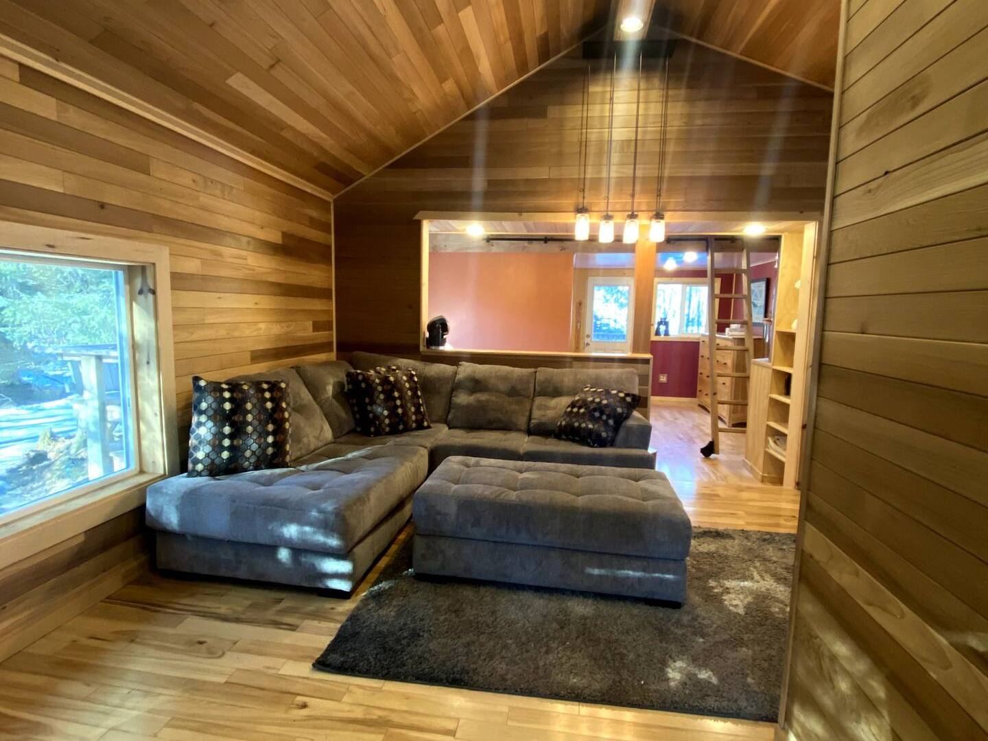 a living room with a wood floor