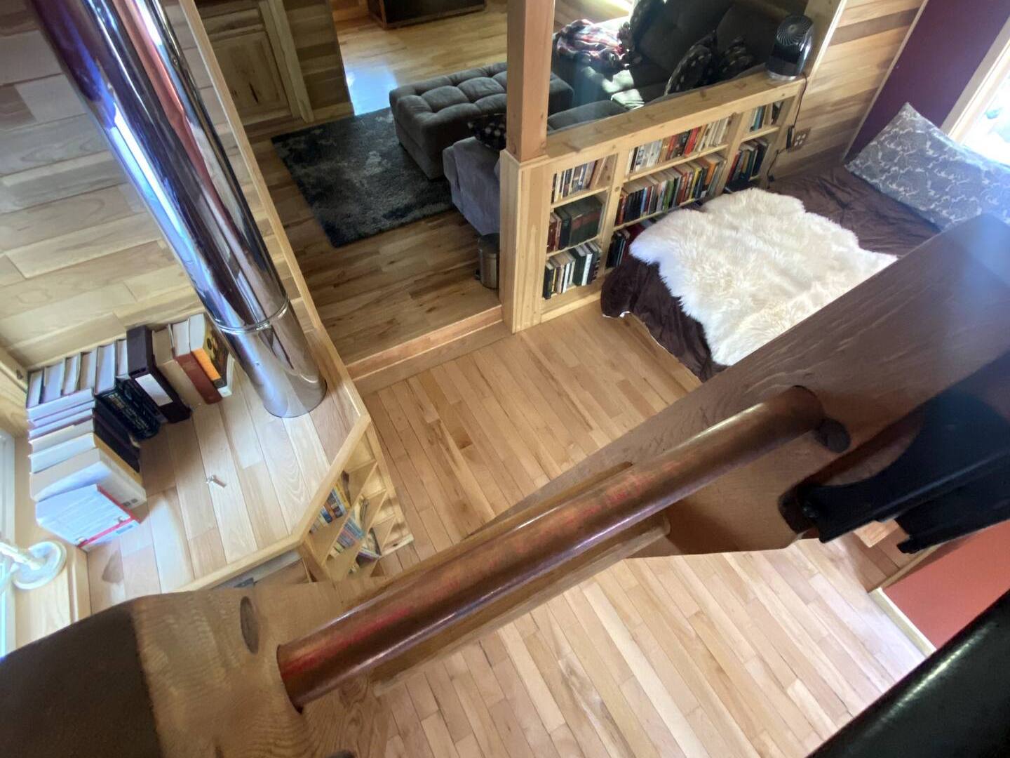 a sitting area next to stove