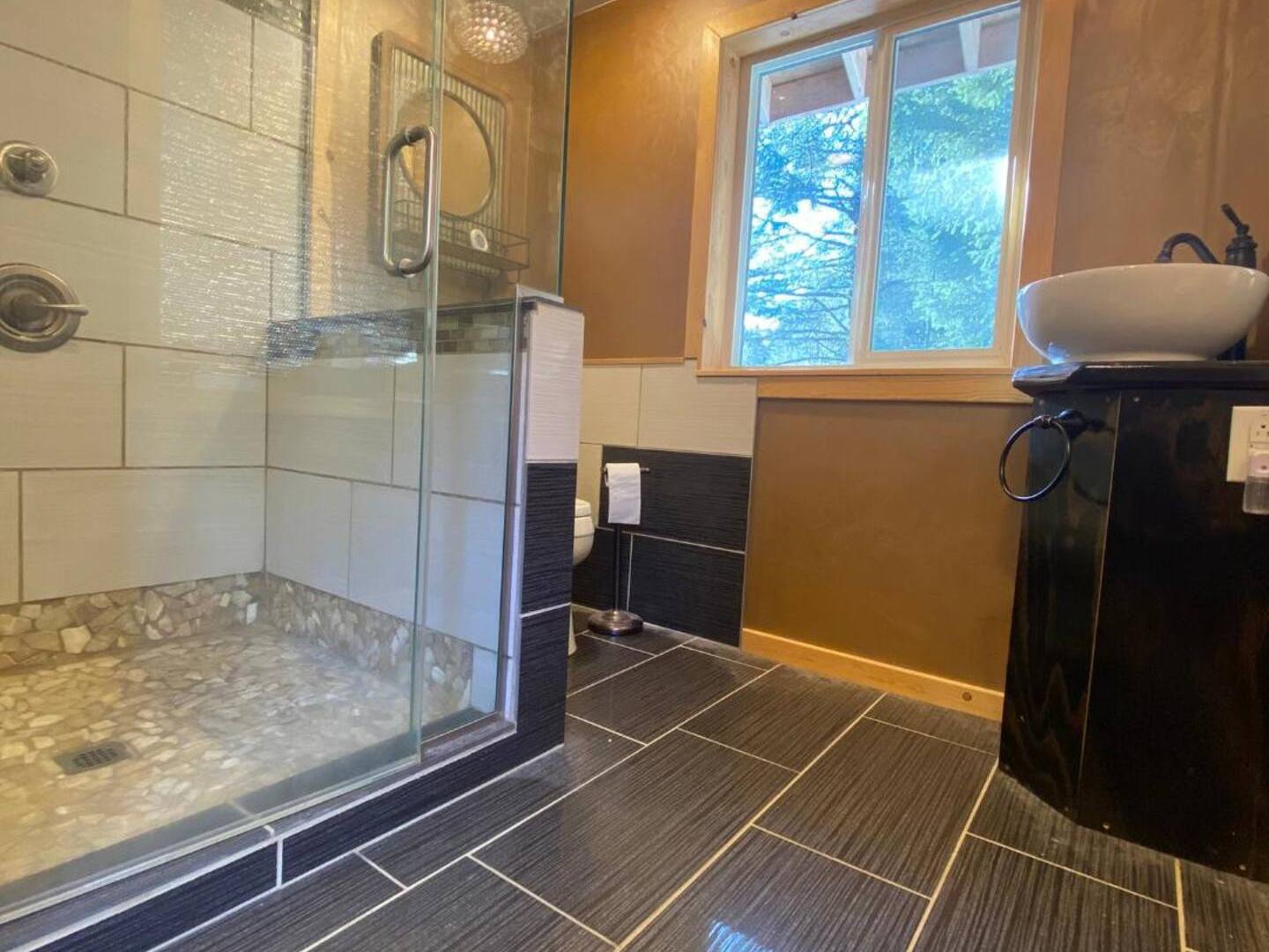 a bathroom with a sink, toilet and walk in shower