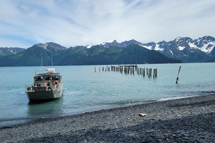 Millers Landing water taxi arriving at North beach in Caines Head with the resurrection bay mountains in the background