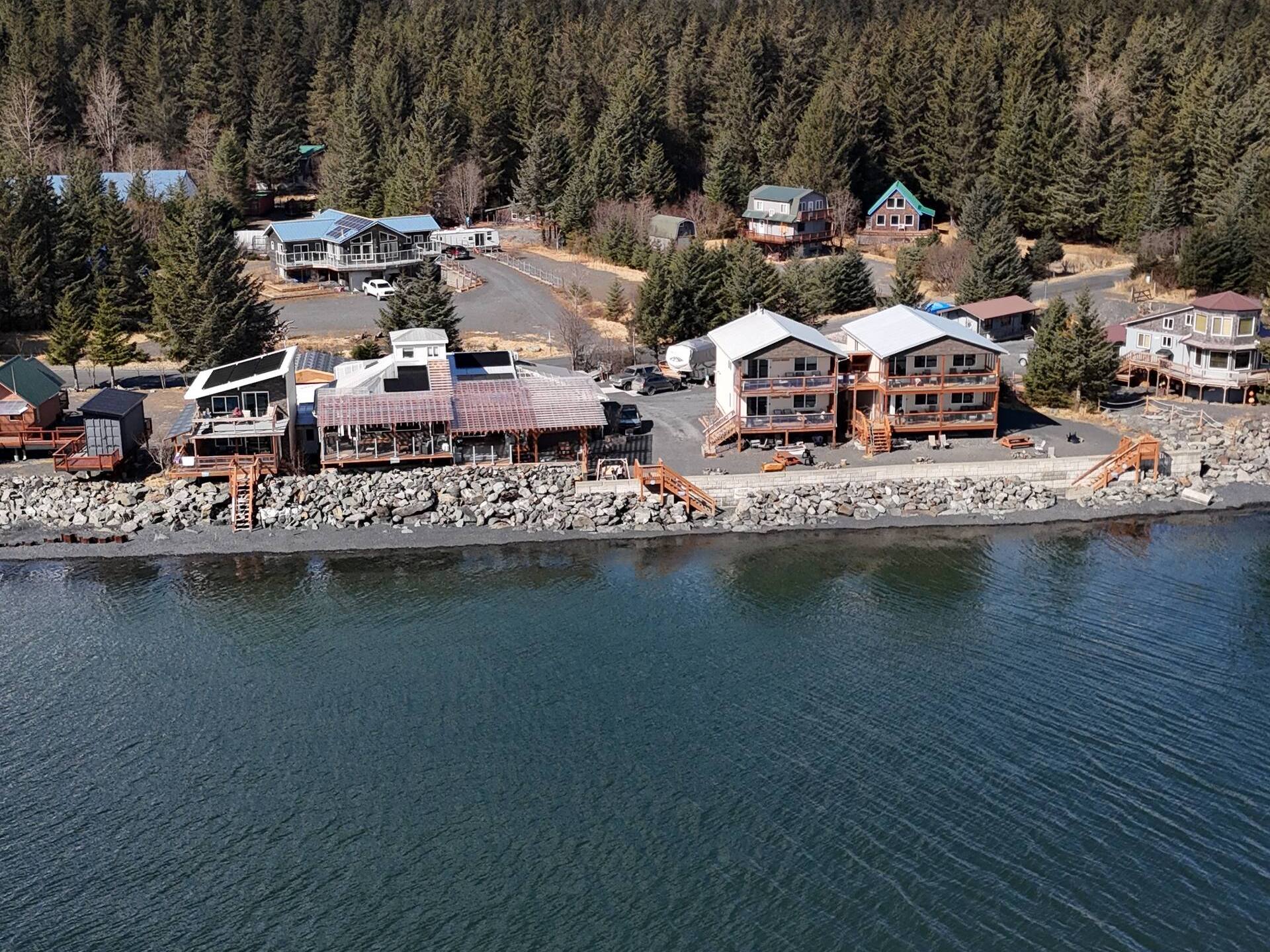 Aerial view of lakeside homes near a forested mountain.