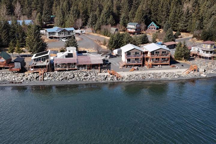 Aerial view of lakeside homes near a forested mountain.