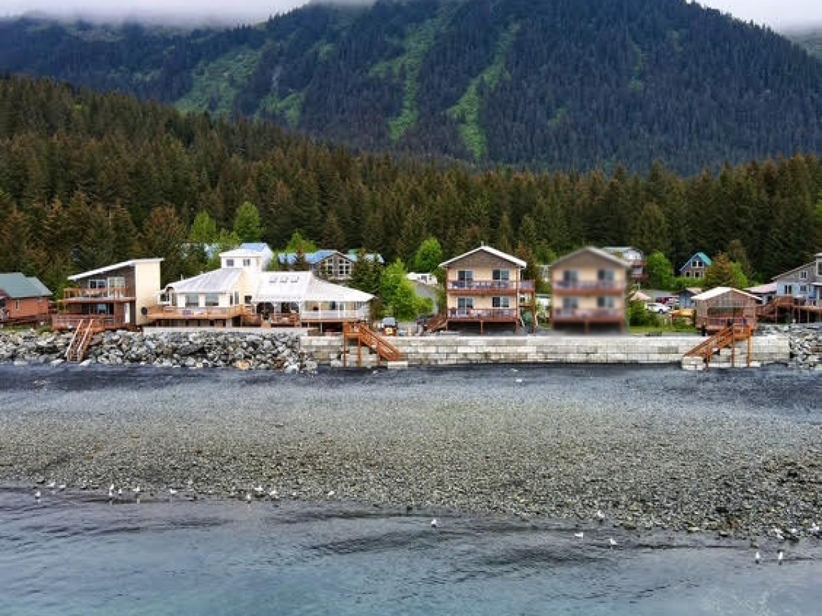 Photo from the ocean towards the Oceanfront Inn property with the Duplex and the High Tide Low Tide Duplex