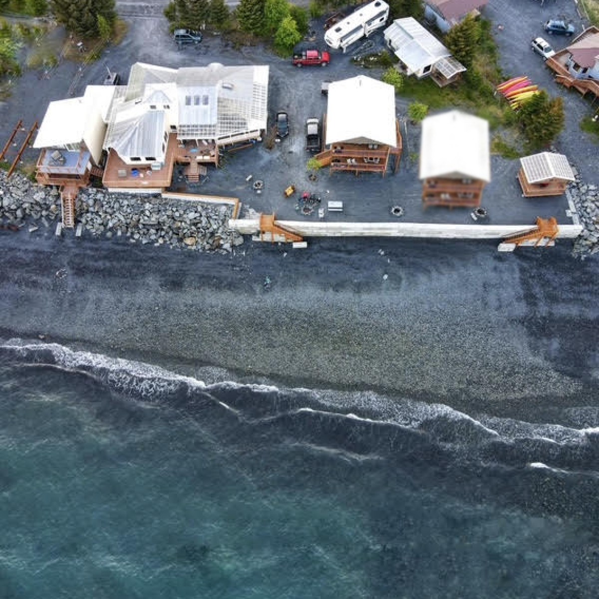 Drone photo of the Oceanfront Inn property with the Duplex and the High Tide Low Tide Duplex