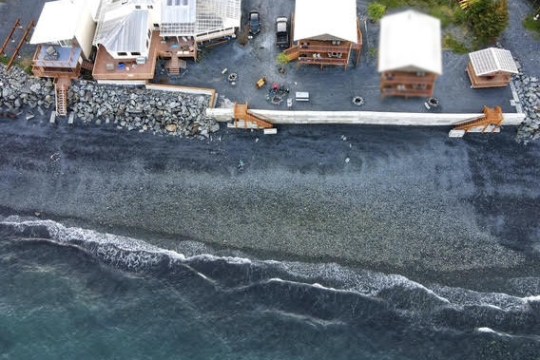 Drone photo of the Oceanfront Inn property with the Duplex and the High Tide Low Tide Duplex