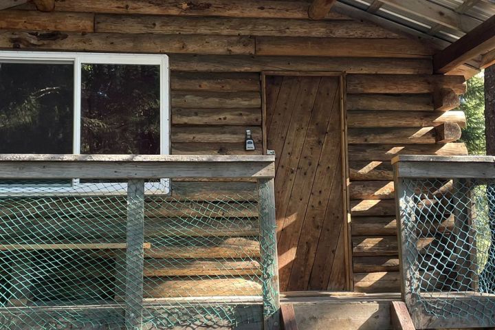 Wooden cabin with a metal roof, porch, and steps in a forest setting.