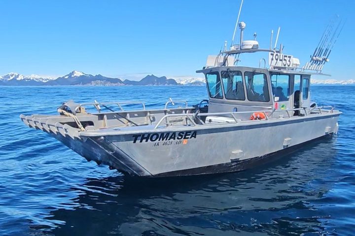 Fishing boat on blue ocean with a rod overhead; snowy mountains in the background.