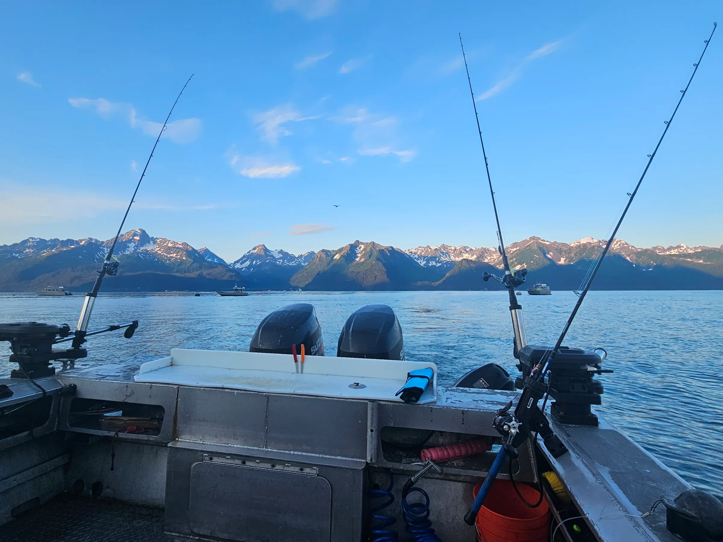 View from fishing boat towards mountains over a calm lake with two fishing rods.