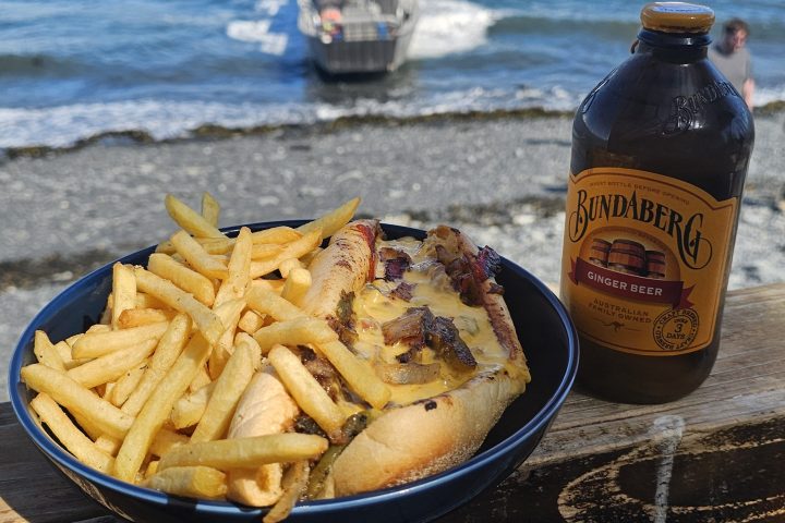 Fries and hot dog on a table by the sea, mountains in the background, with a bottle of Bundaberg ginger beer.