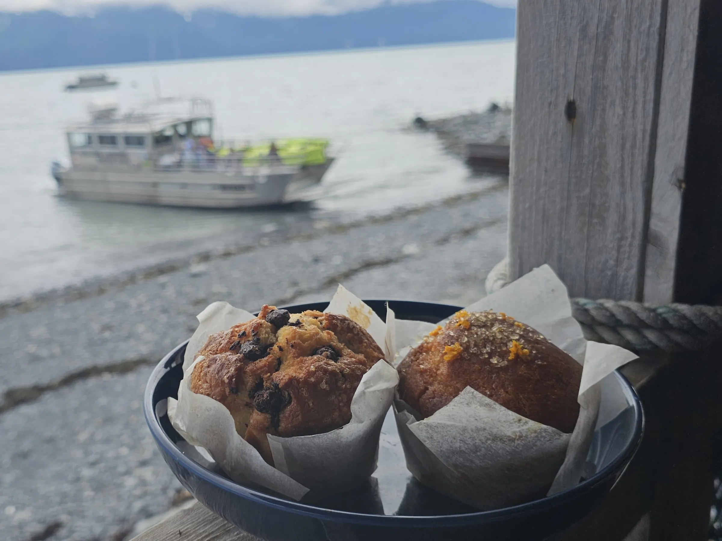 Two muffins in a bowl on railing with boats on a lake.