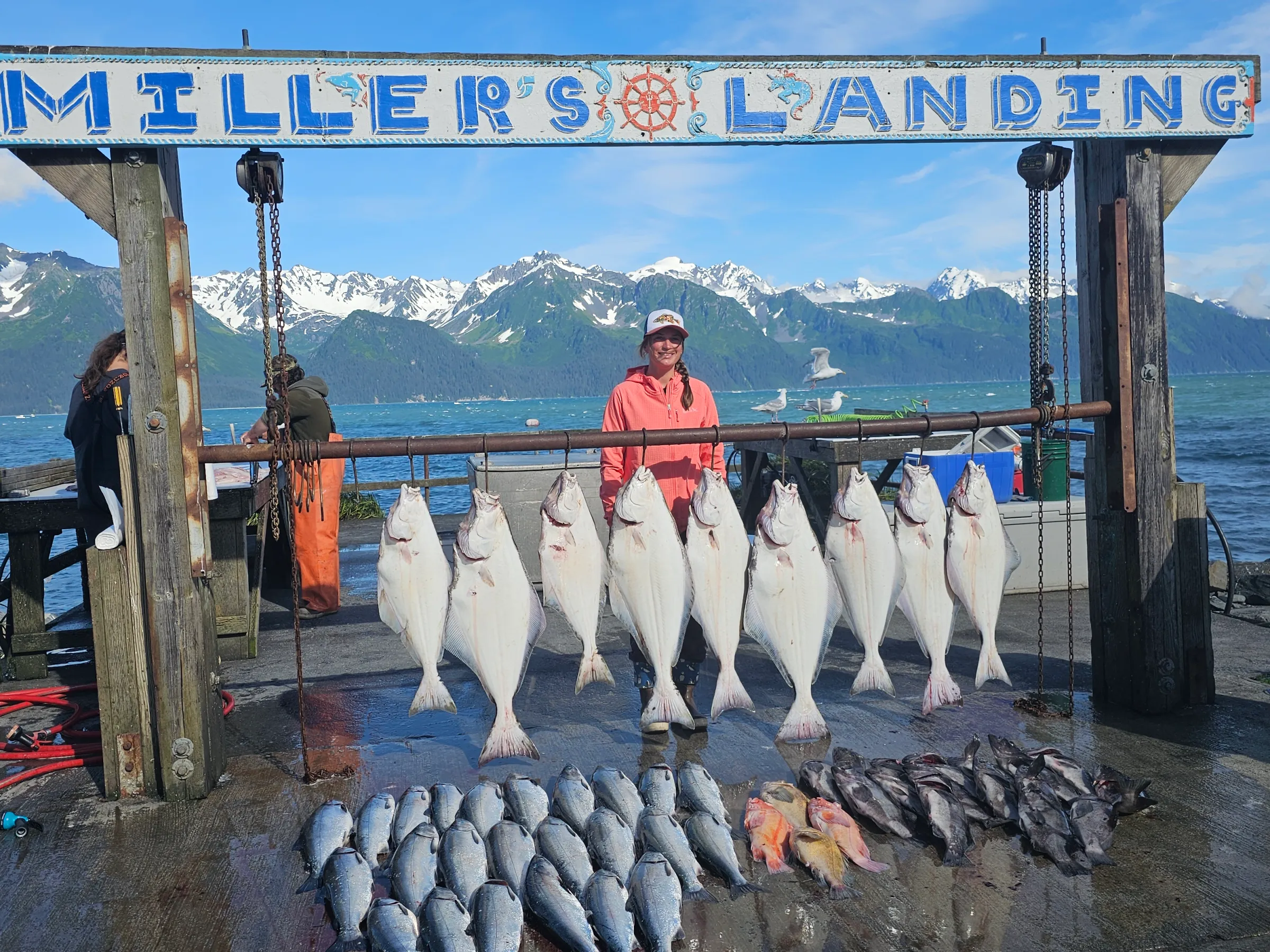 Fish displayed on racks under sign 'Miller's Landing' with mountains and water in the background.