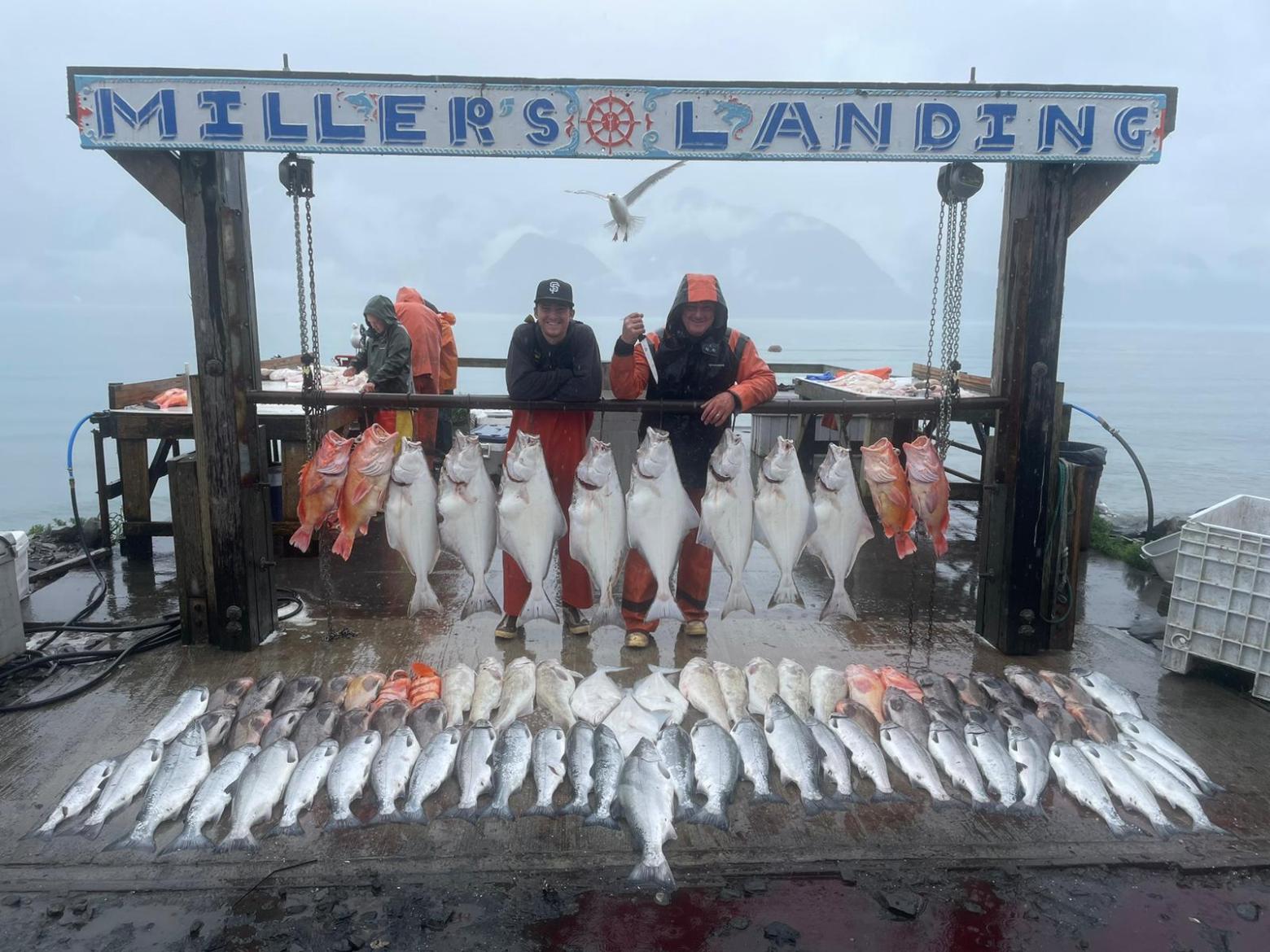 Two people in orange suits display a variety of fish at Miller's Landing on a rainy day.
