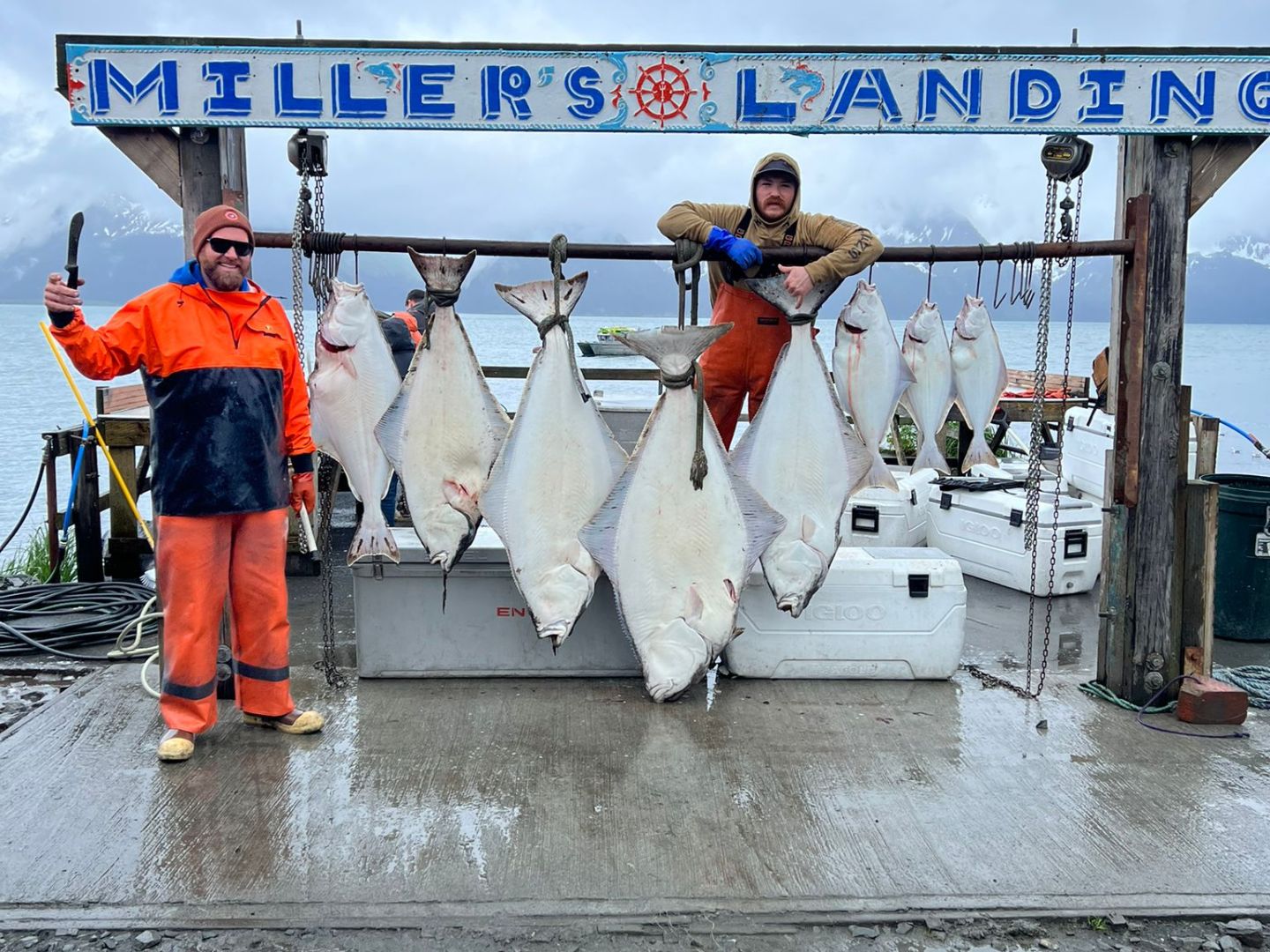 Two people in rain gear pose with large fish under 'Miller's Landing' sign on a dock.