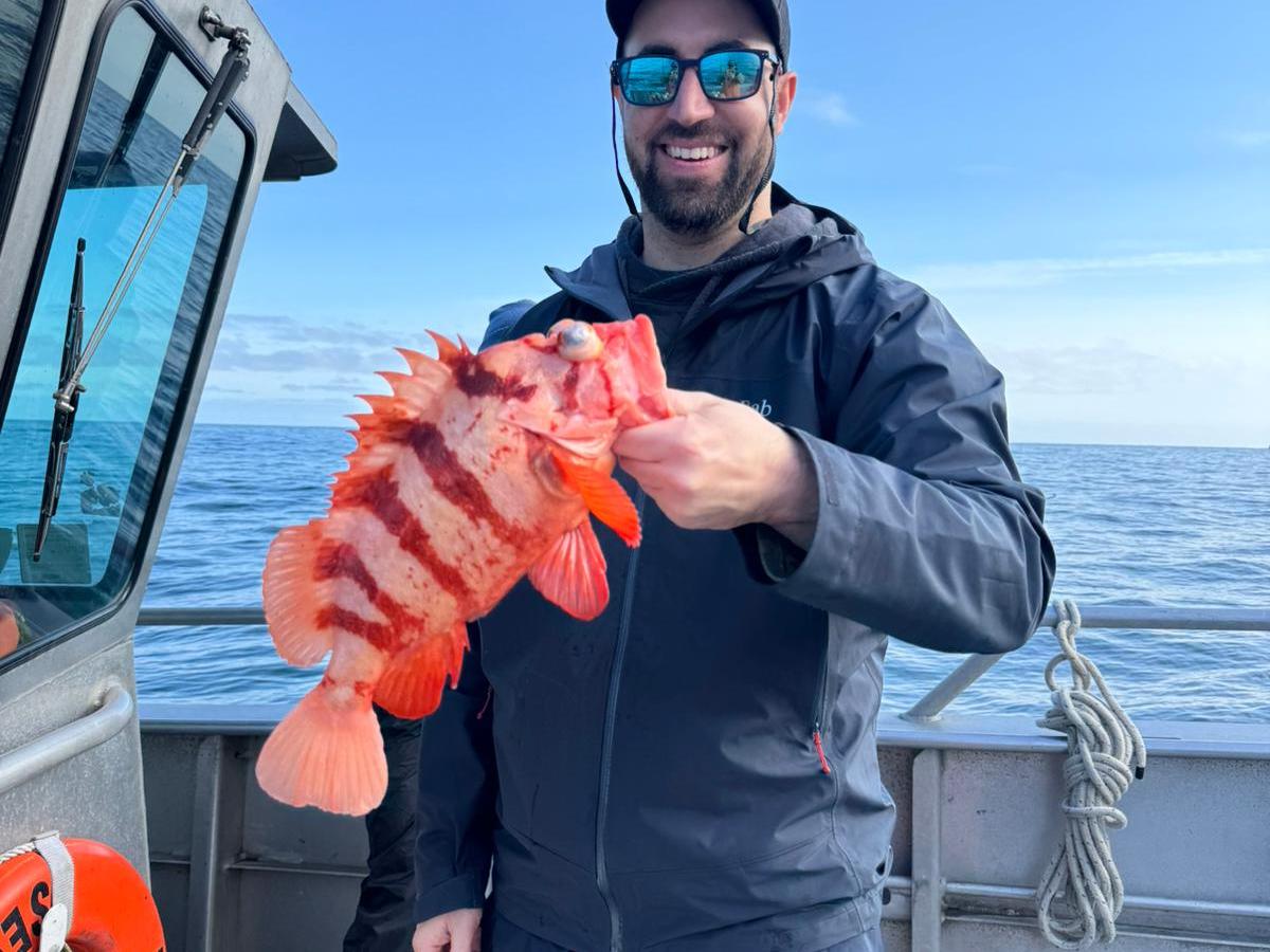 Person on a boat holding a red fish, wearing sunglasses and a cap, with a clear blue sky in the background.