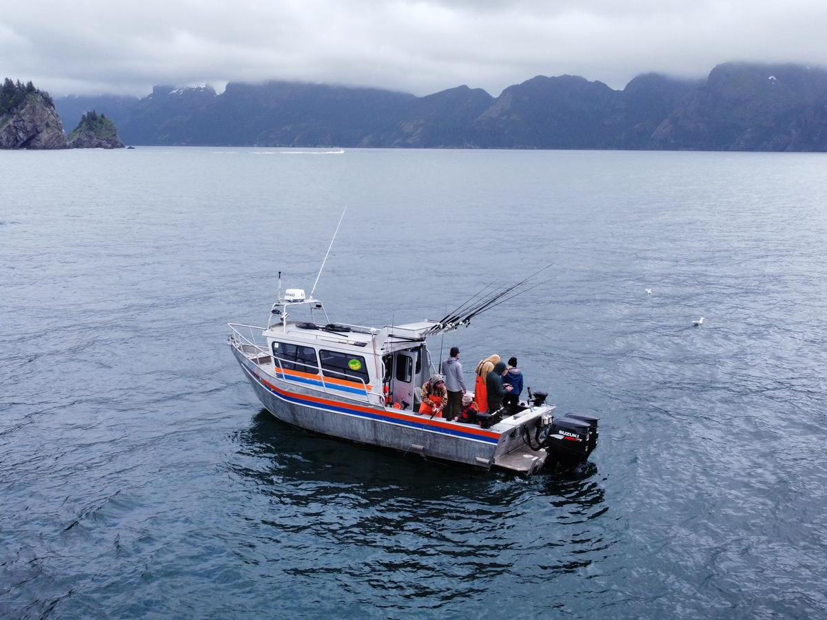 Fishing boat on a calm sea with mountains and cloudy sky in the background.