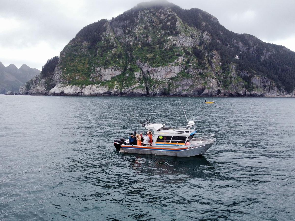 A small boat floats near a rocky, forested island under an overcast sky.