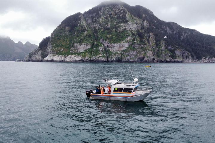 A small boat floats near a rocky, forested island under an overcast sky.