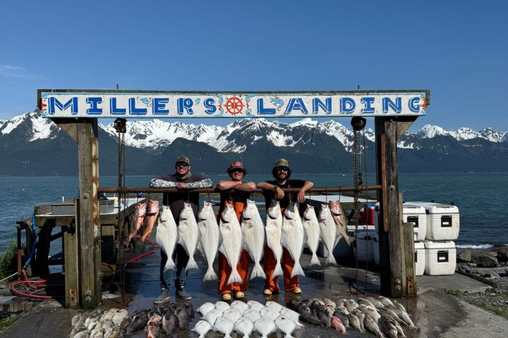 Three people display large fish at Miller's Landing with mountains in the background.
