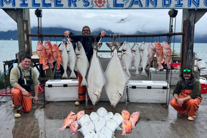 Three people display large fish catch at Miller's Landing with mountains and water in the background.