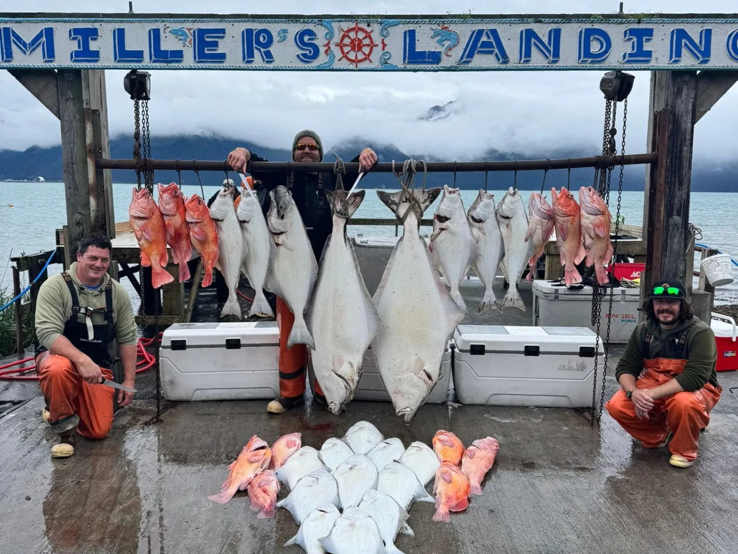 Three fishermen with a large catch of fish hanging and laid out at Miller's Landing.