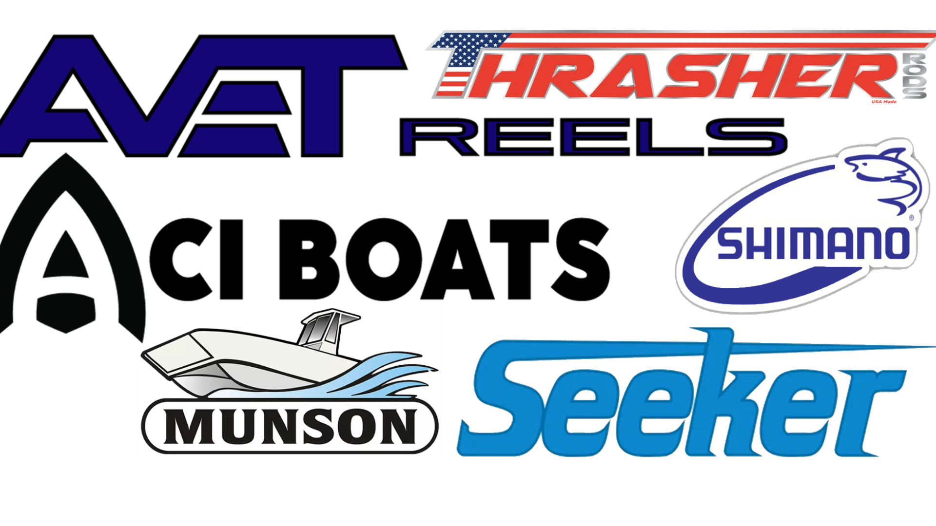 Logos of Avet, Thrasher, Reels, ACI Boats, Shimano, Munson, Seeker on a white background.