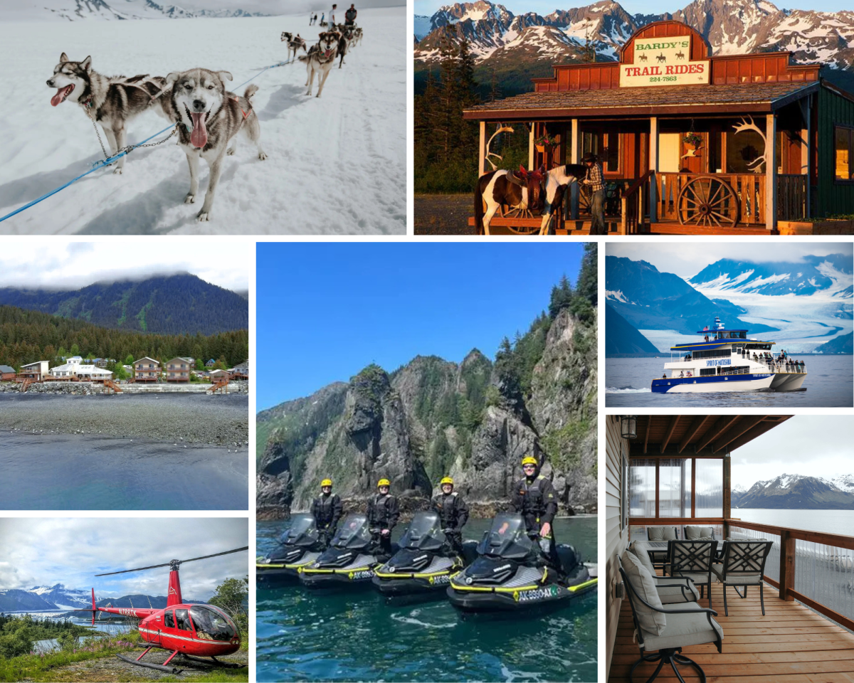 Collage with sled dogs, rustic lodge, boat, helicopter, jet skis, and mountains.