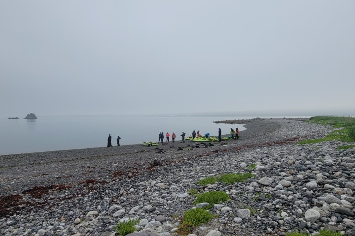 People with kayaks on a rocky beach beside calm foggy water.