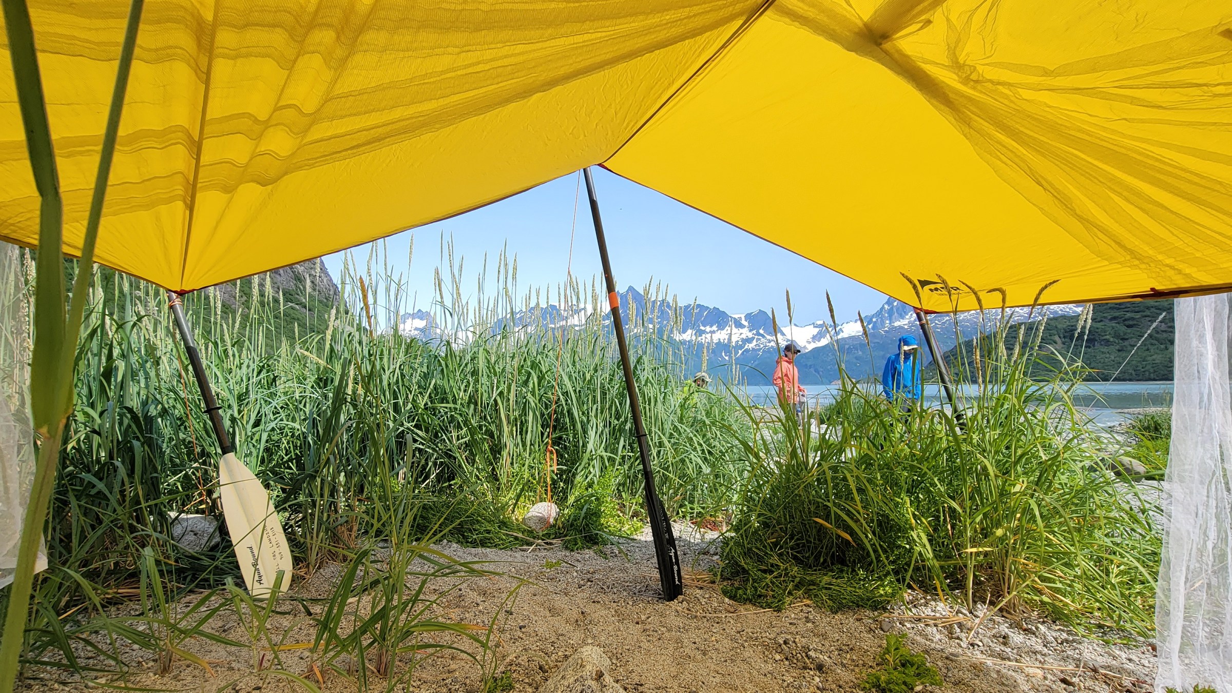 View of mountains and lake under a yellow tent with grass in the foreground.